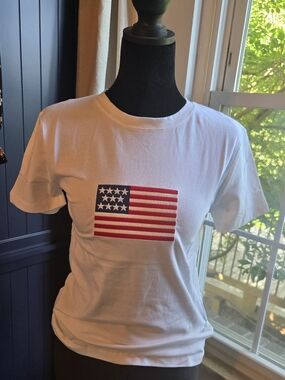 White Embroidered American Flag Graphic Tee - Women